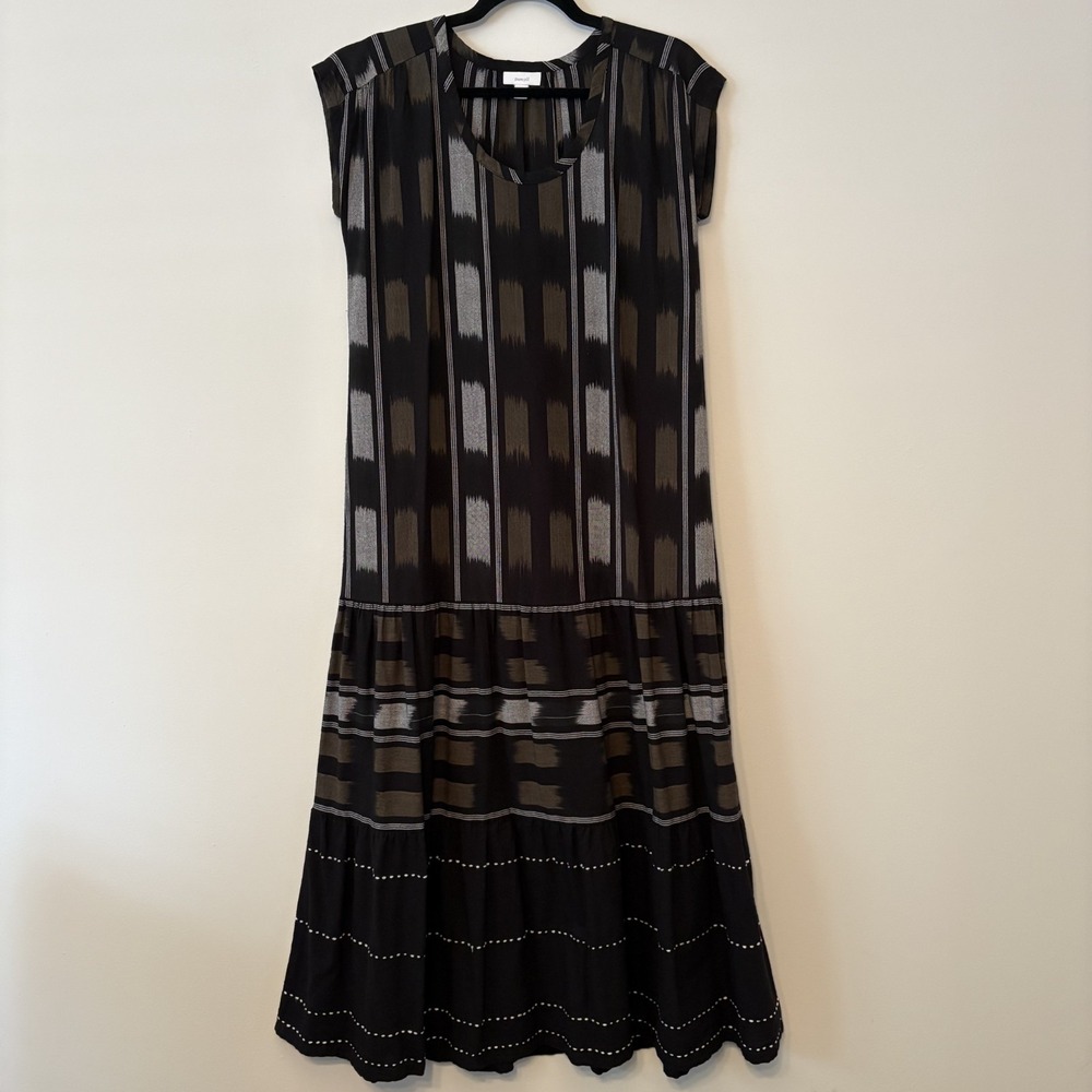 J Jill Pure 100% Cotton Drop Waist Tiered Maxi Dress XS Lagenlook Artsy Abstract